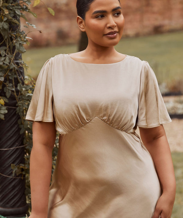 Gathered Bust Flutter Sleeve Satin Bridesmaid Dress - Champagne