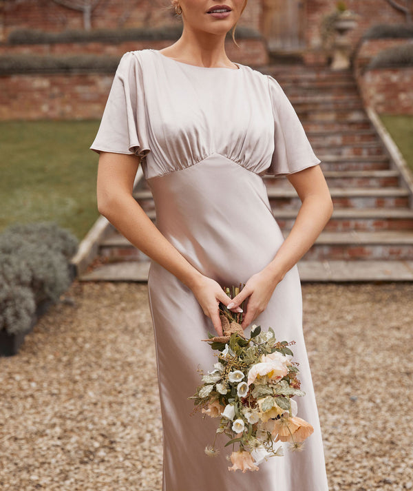 Gathered Bust Flutter Sleeve Satin Bridesmaid Dress - Oyster