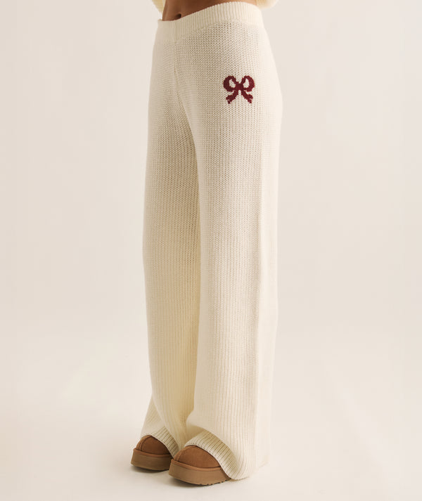 Embroidered Knitted Christmas Trousers - Cream