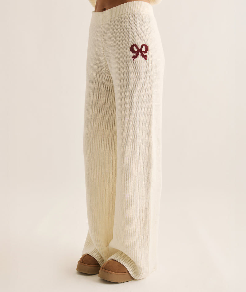 Embroidered Knitted Christmas Trousers - Cream