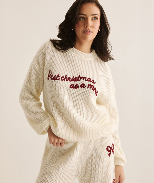 First Christmas As A Mrs Knitted Embroidered Jumper - Cream