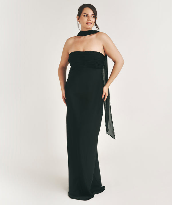 Bandeau Satin Bridesmaid Dress with Neck Tie - Black