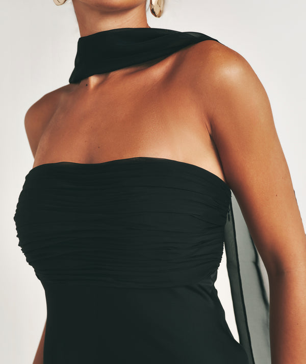 Bandeau Satin Bridesmaid Dress with Neck Tie - Black