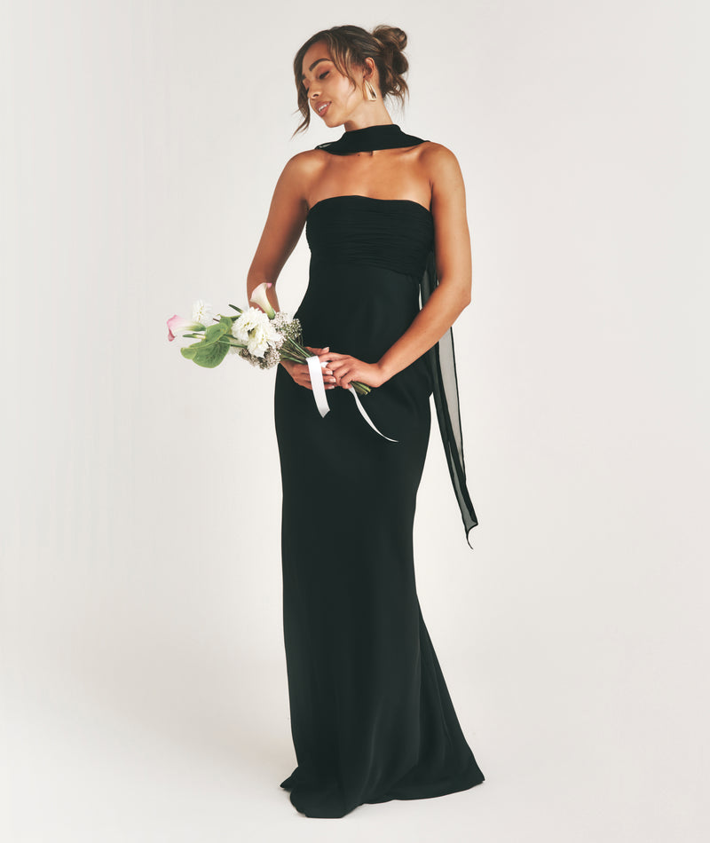 Bandeau Satin Bridesmaid Dress with Neck Tie - Black