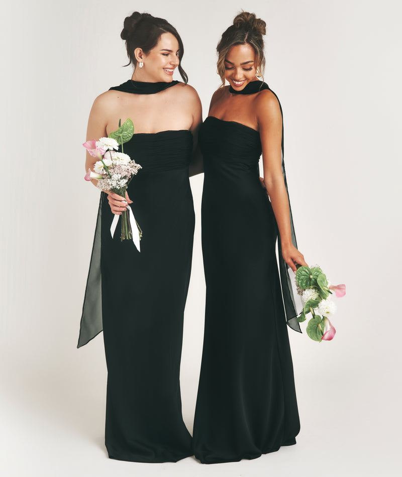 Bandeau Satin Bridesmaid Dress with Neck Tie - Black Six Stories Bandeau Satin Bridesmaid Dress with Neck Tie - Black Six Stories