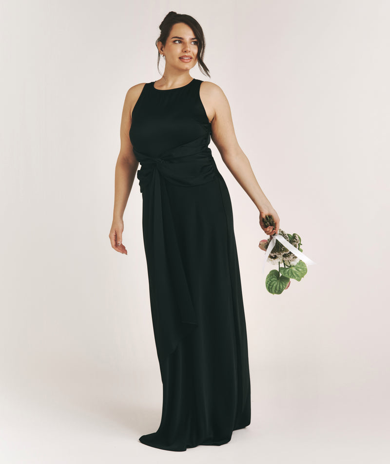 Knot Front Drape Detail Satin Bridesmaid Dress - Black