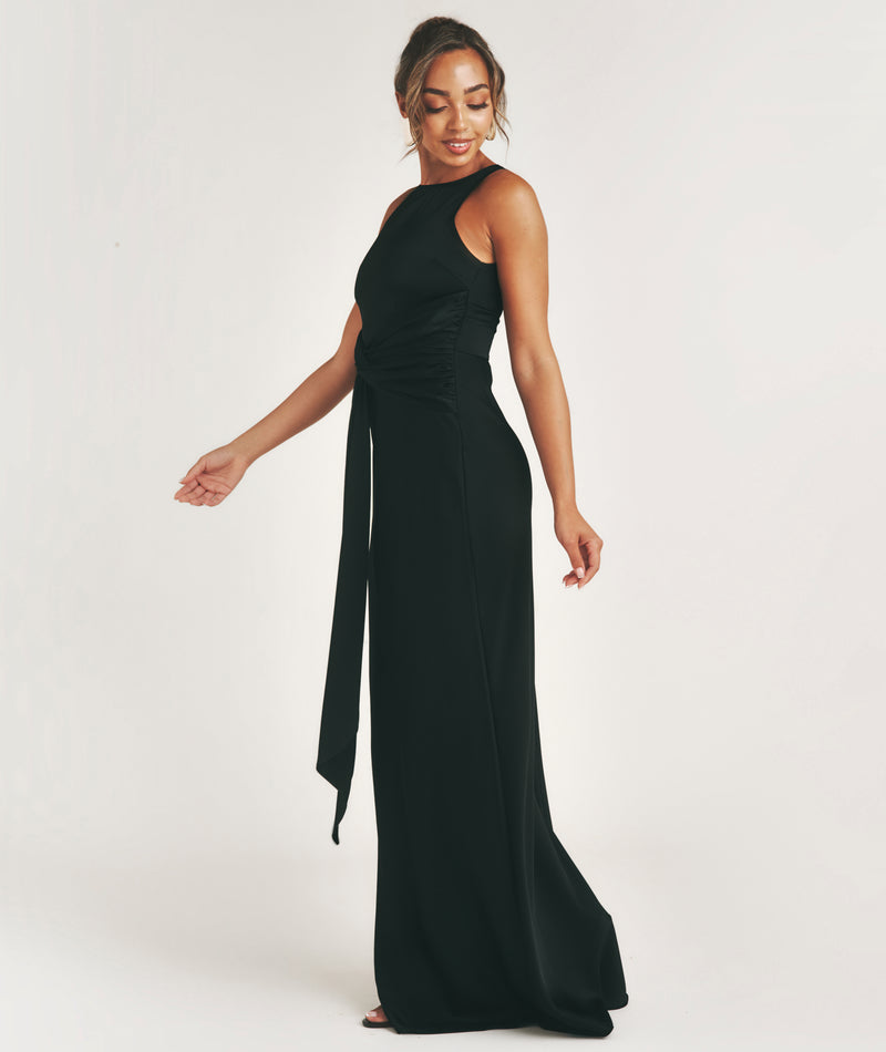 Knot Front Drape Detail Satin Bridesmaid Dress - Black