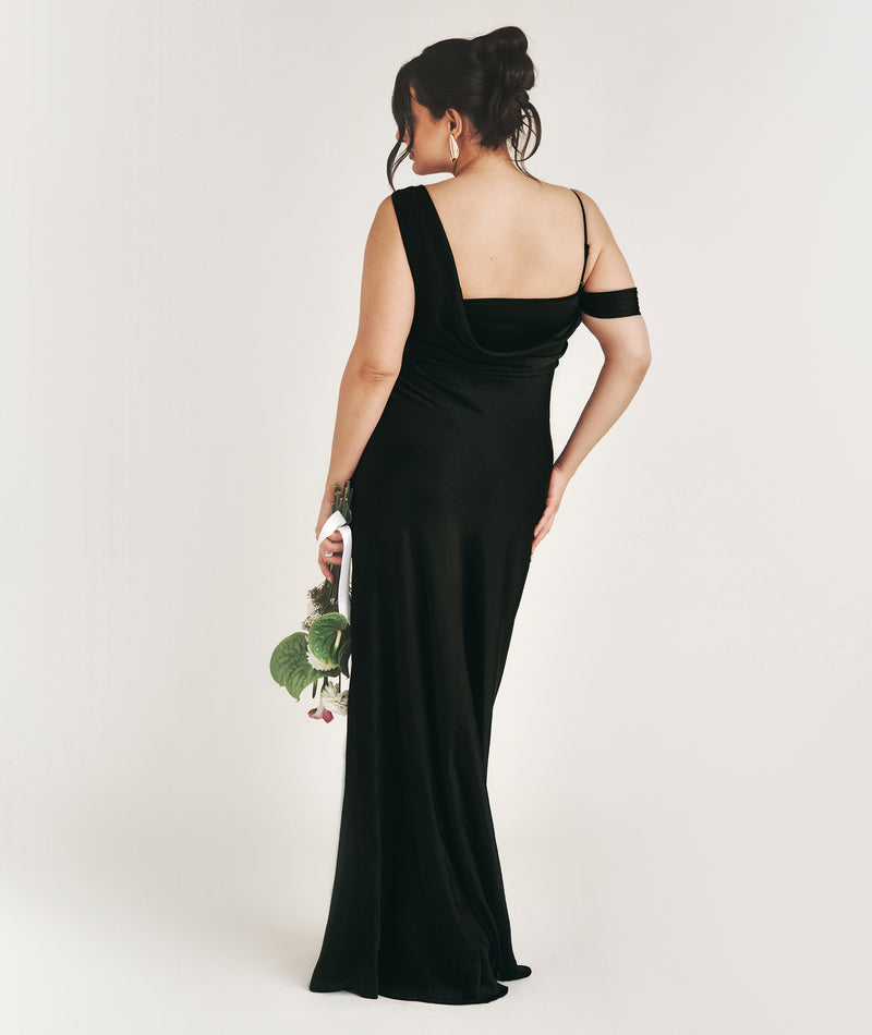 Asymmetrical Satin Bridesmaid Dress - Black