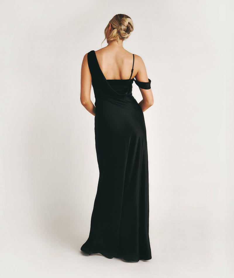 Asymmetrical Satin Bridesmaid Dress - Black