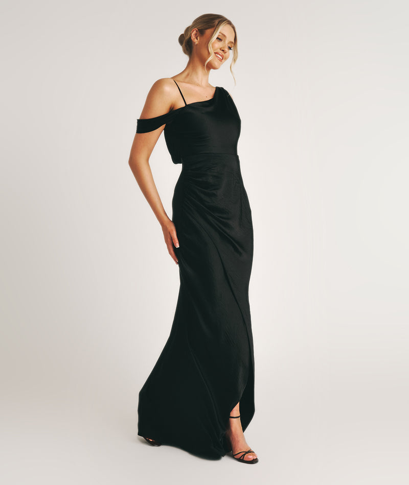 Asymmetrical Satin Bridesmaid Dress - Black