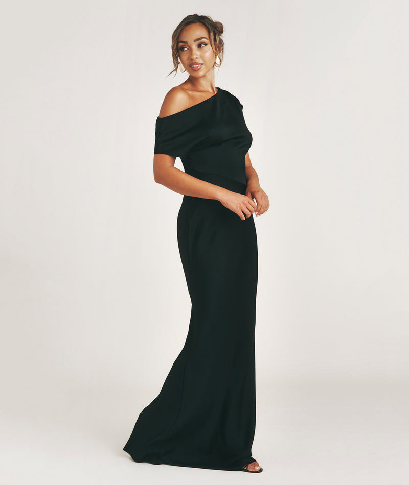 Asymmetric Neck Satin Bridesmaid Dress - Black