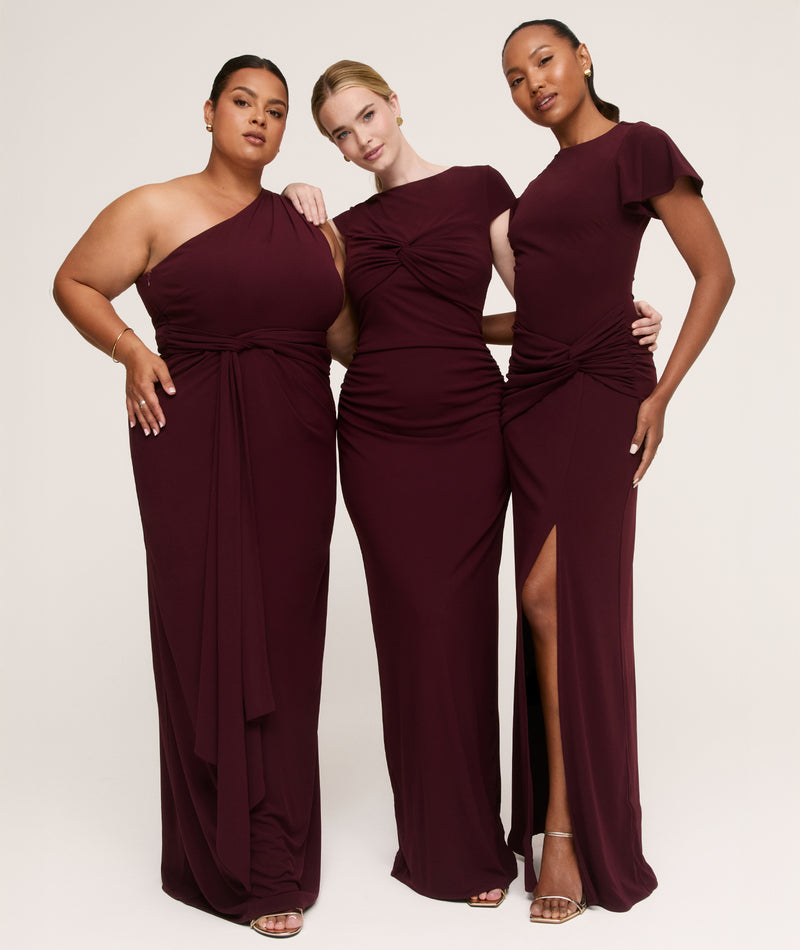 Flutter Sleeve Stretch Sculpt Bridesmaid Dress - Merlot