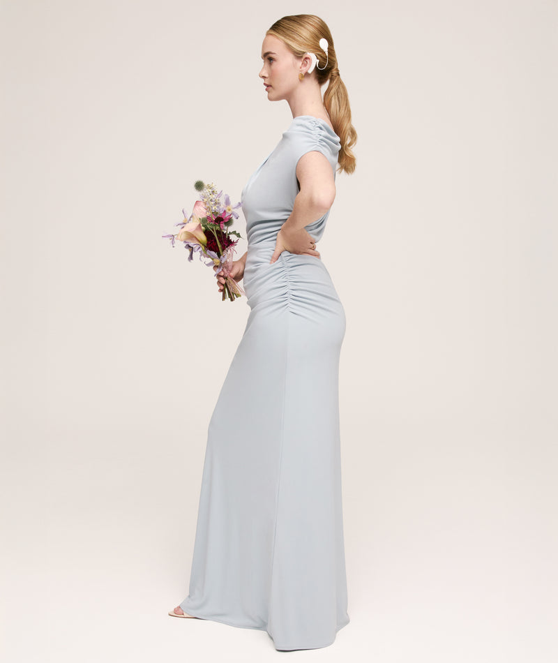 Asymmetric Neck Stretch Sculpt Bridesmaid Dress - Pale Blue