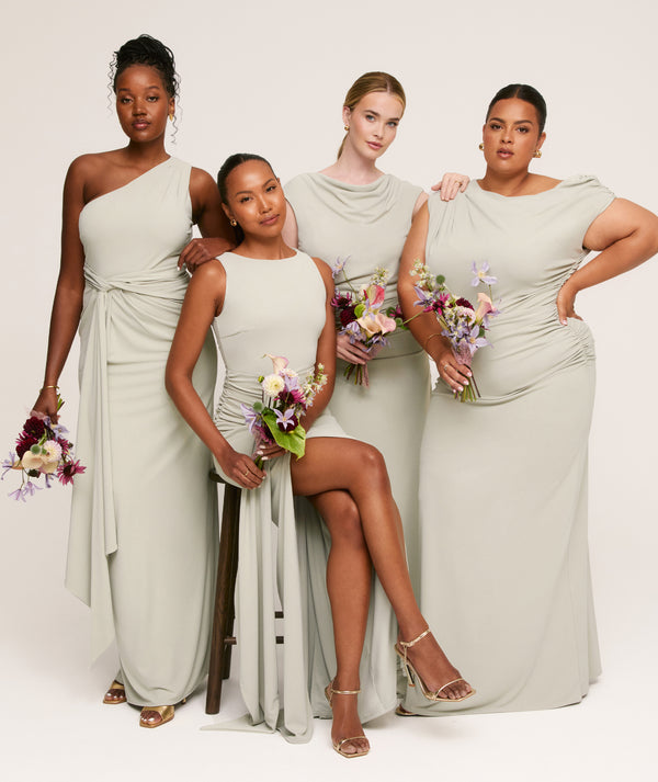 Asymmetric Neck Stretch Sculpt Bridesmaid Dress - Soft Sage