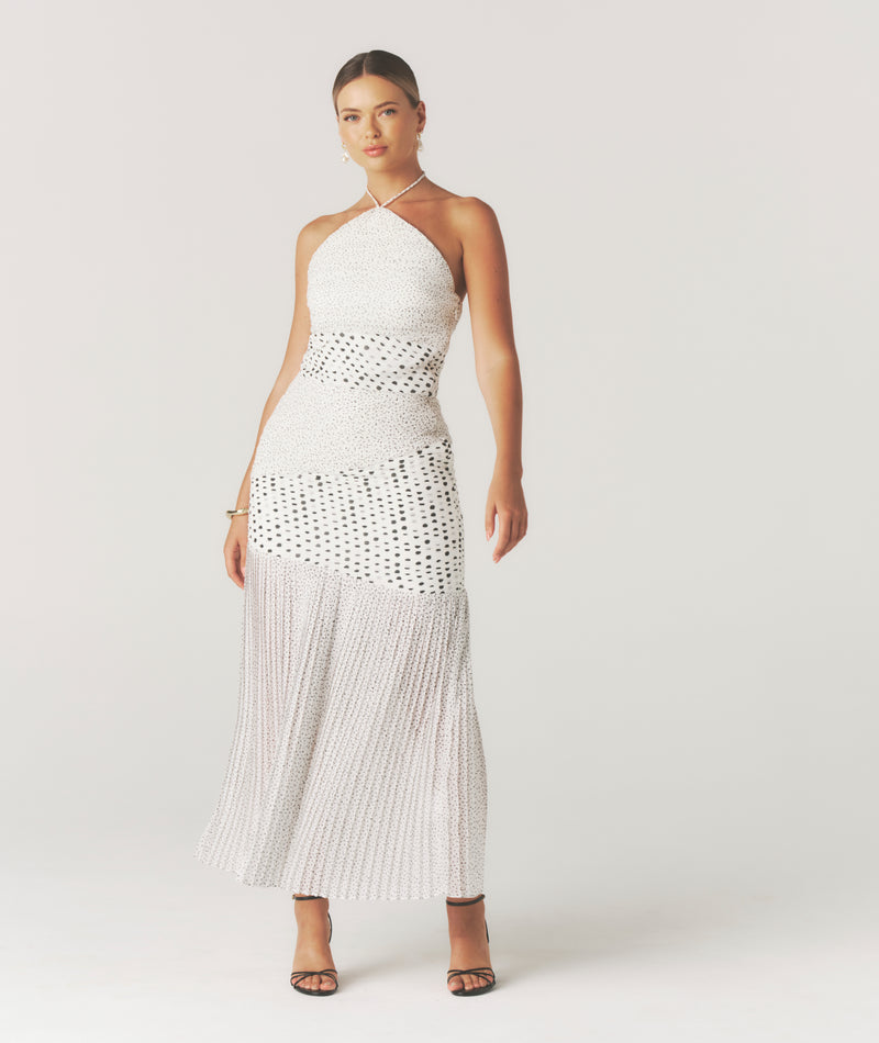 Polka Halter Neck Pleated Midaxi Dress - White Polka Halter Neck Pleated Midaxi Dress - White