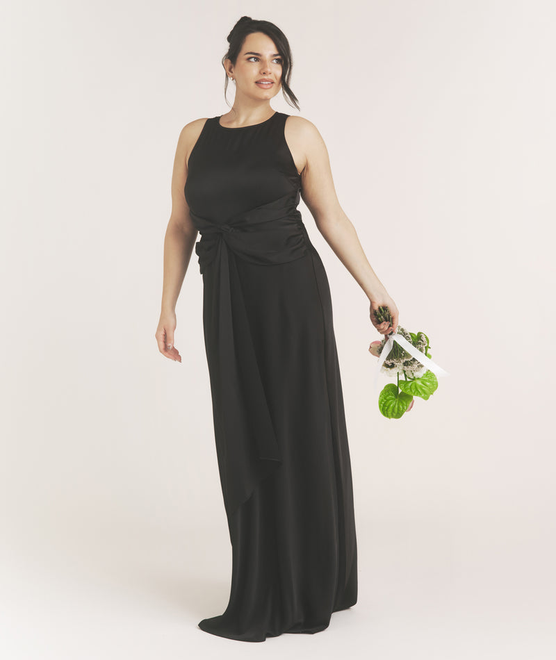 Knot Front Drape Detail Satin Bridesmaid Dress - Black