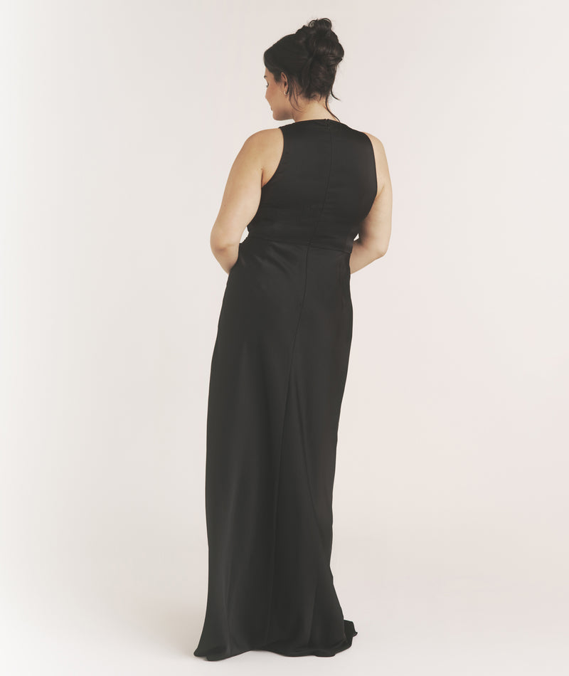 Knot Front Drape Detail Satin Bridesmaid Dress - Black