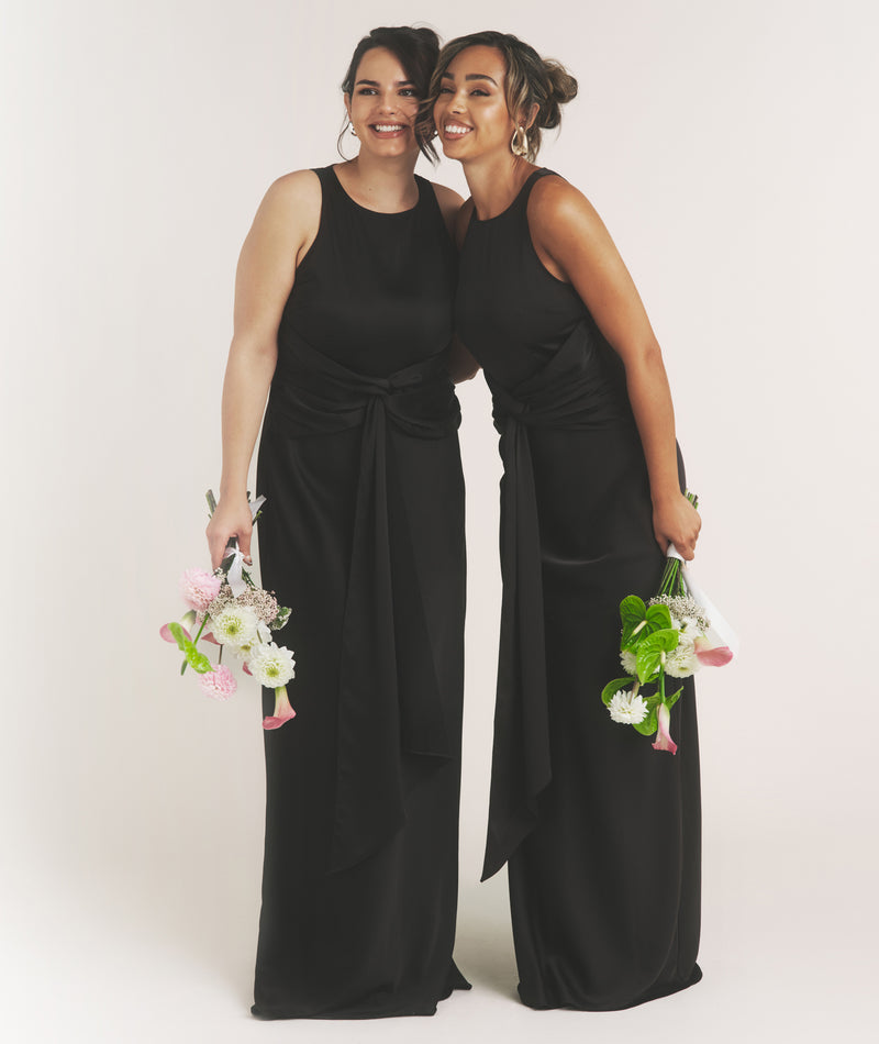  Knot Front Drape Detail Satin Bridesmaid Dress - Black