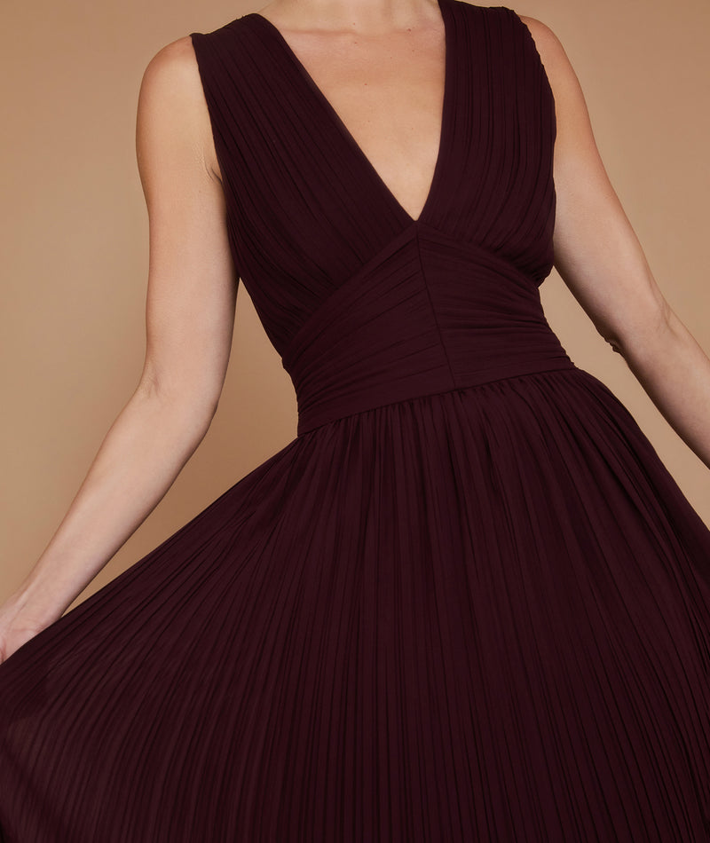 Pleated Plunge Maxi Dress - Wine