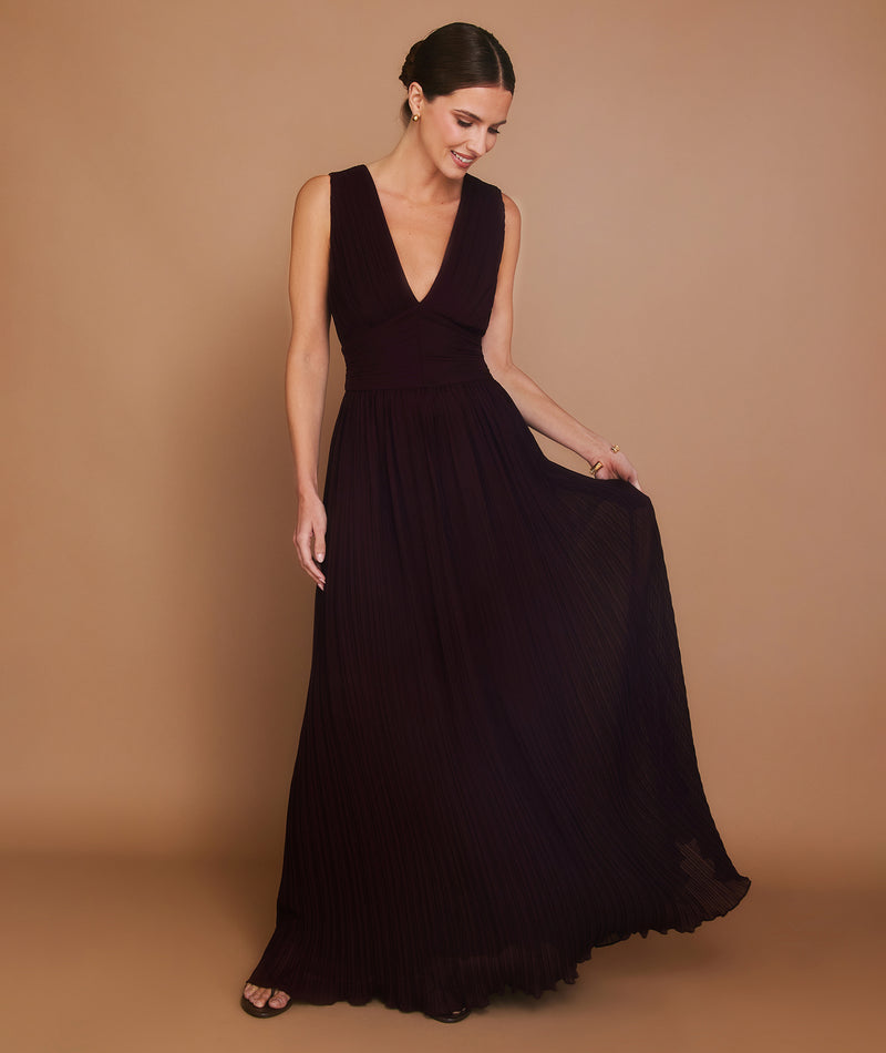 ALBA Pleated Plunge Maxi Dress - Wine