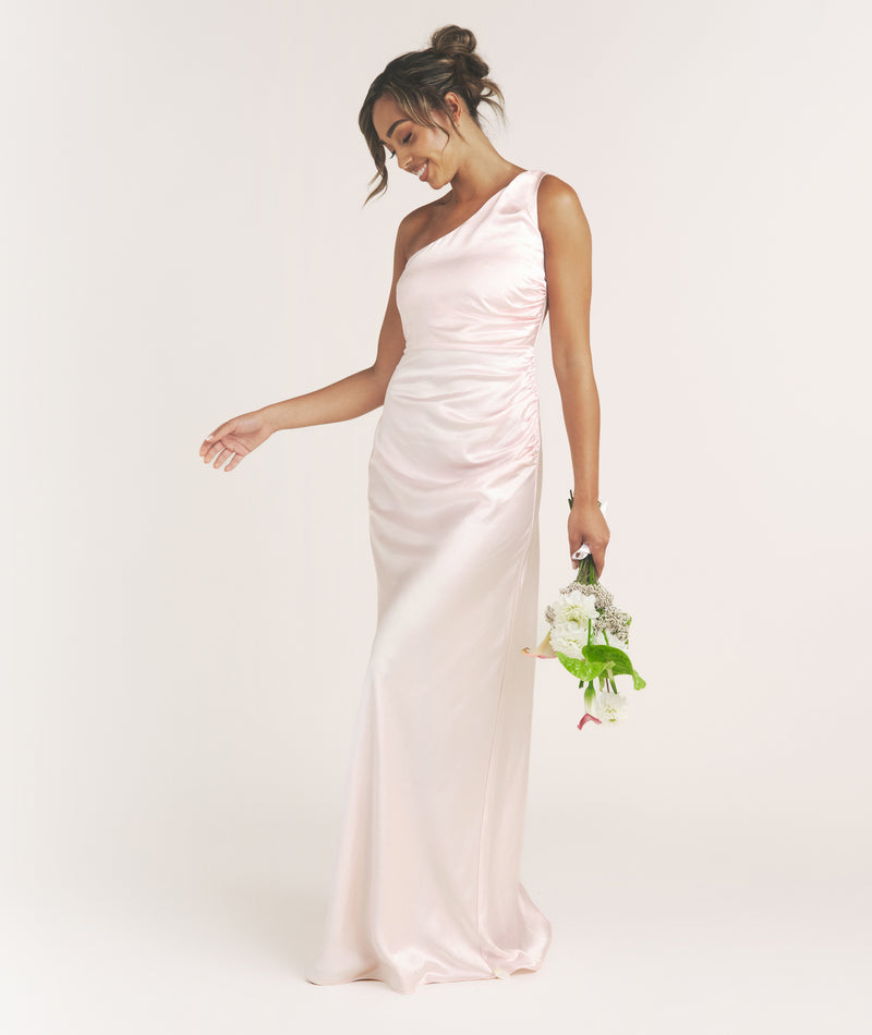 One Shoulder Gathered Satin Bridesmaid Dress - Pale Pink