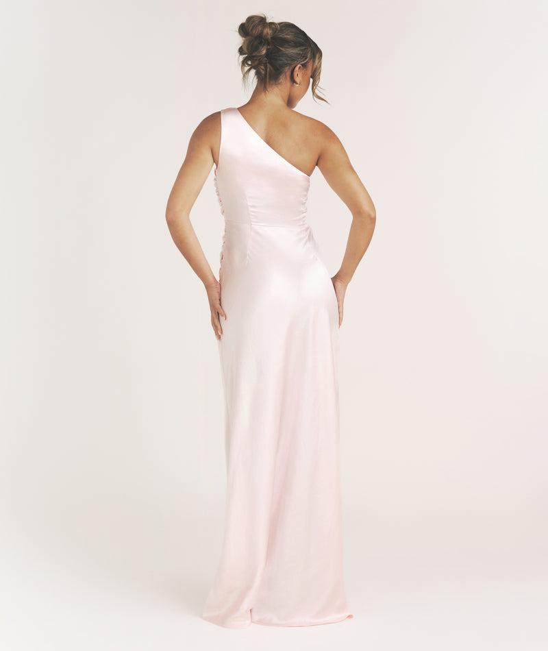 One Shoulder Gathered Satin Bridesmaid Dress - Pale Pink