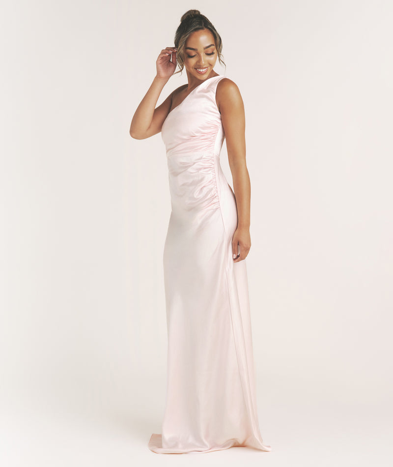 One Shoulder Gathered Satin Bridesmaid Dress - Pale Pink