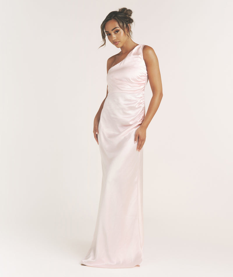 One Shoulder Gathered Satin Bridesmaid Dress - Pale Pink