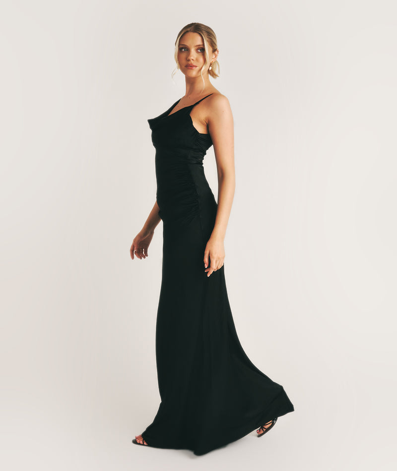 Cowl Asymmetrical Satin Bridesmaid Dress - Black