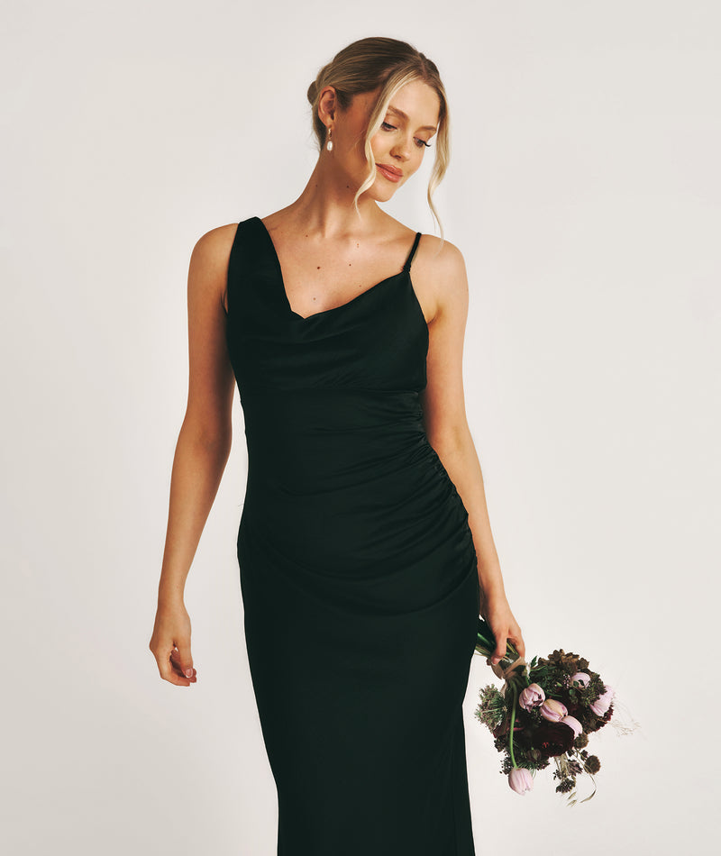 Cowl Asymmetrical Satin Bridesmaid Dress - Black