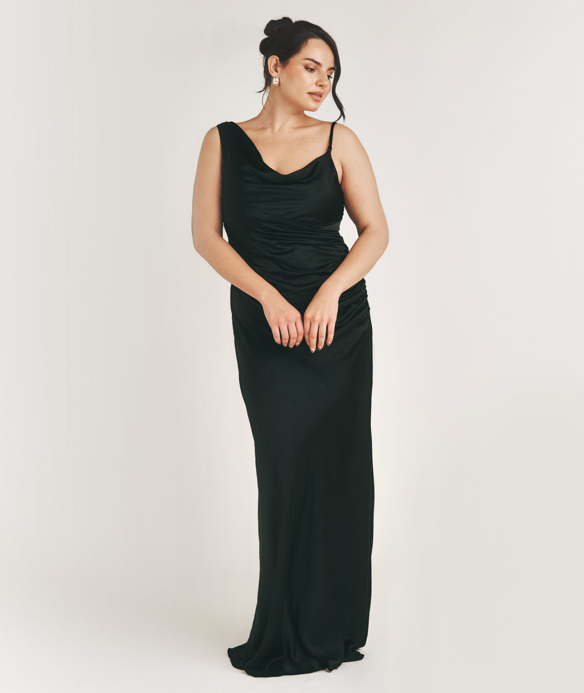 Cowl Asymmetrical Satin Bridesmaid Dress - Black