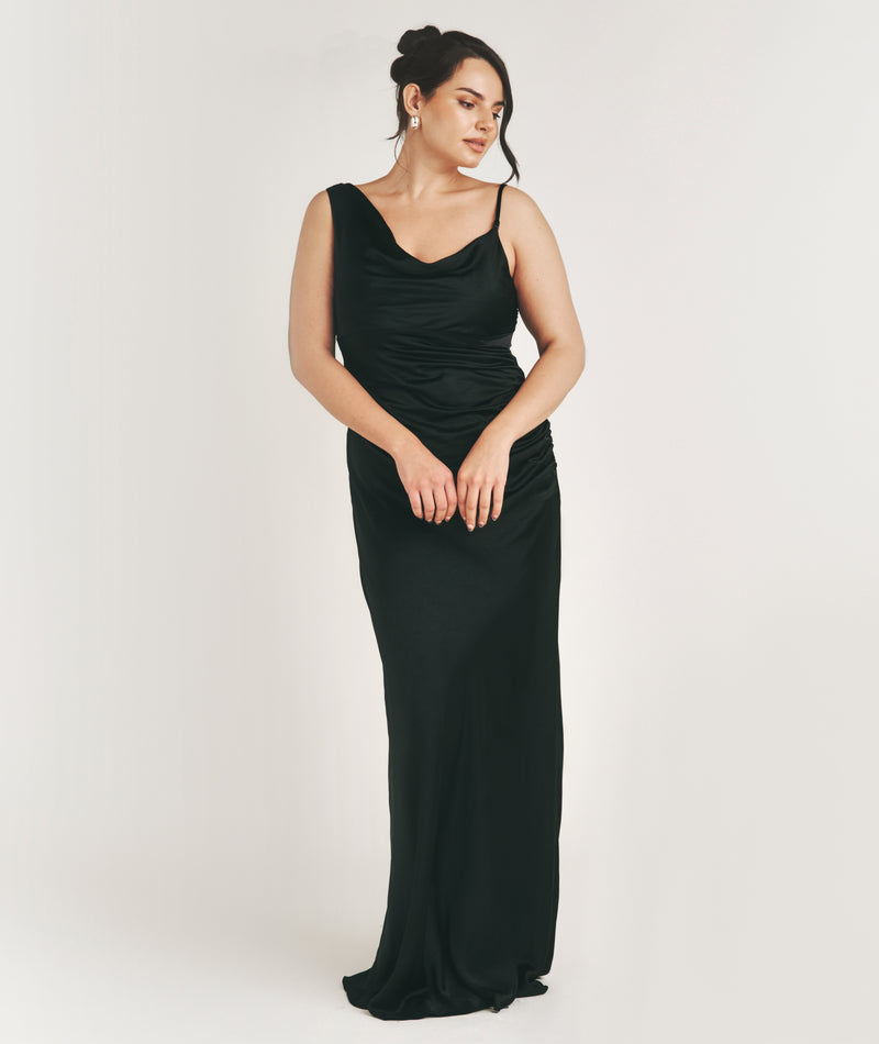 Cowl Asymmetrical Satin Bridesmaid Dress - Black