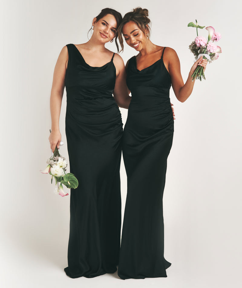 Cowl Asymmetrical Satin Bridesmaid Dress - Black