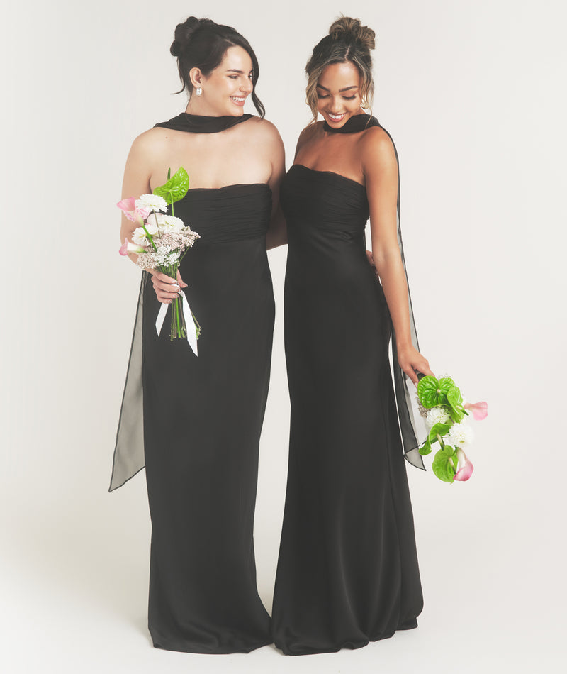 Bandeau Satin Bridesmaid Dress with Neck Tie - Black