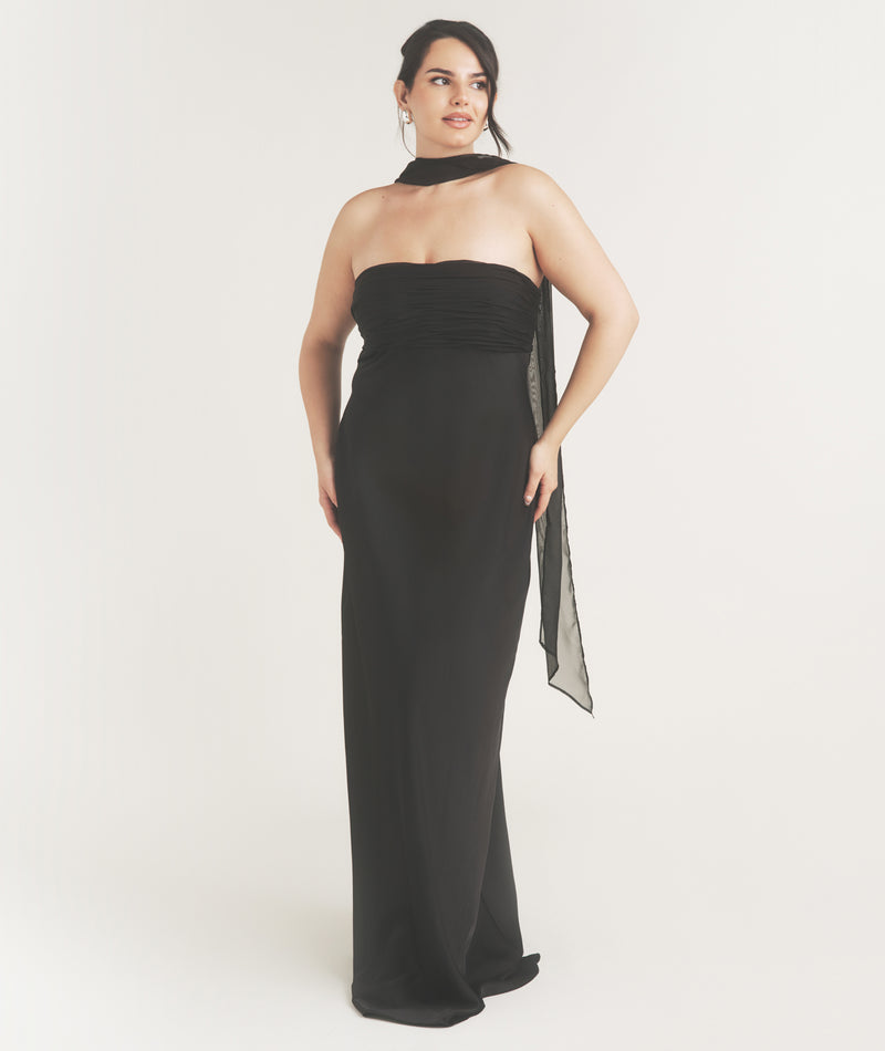 Bandeau Satin Bridesmaid Dress with Neck Tie - Black