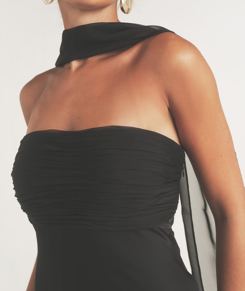 Bandeau Satin Bridesmaid Dress with Neck Tie - Black