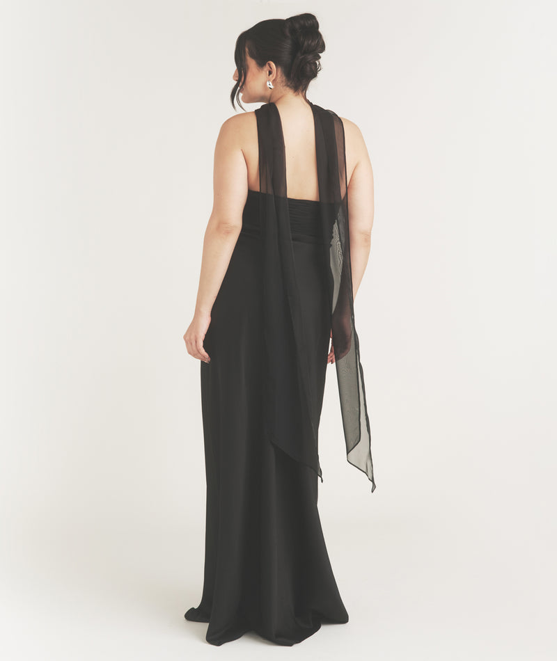 Bandeau Satin Bridesmaid Dress with Neck Tie - Black