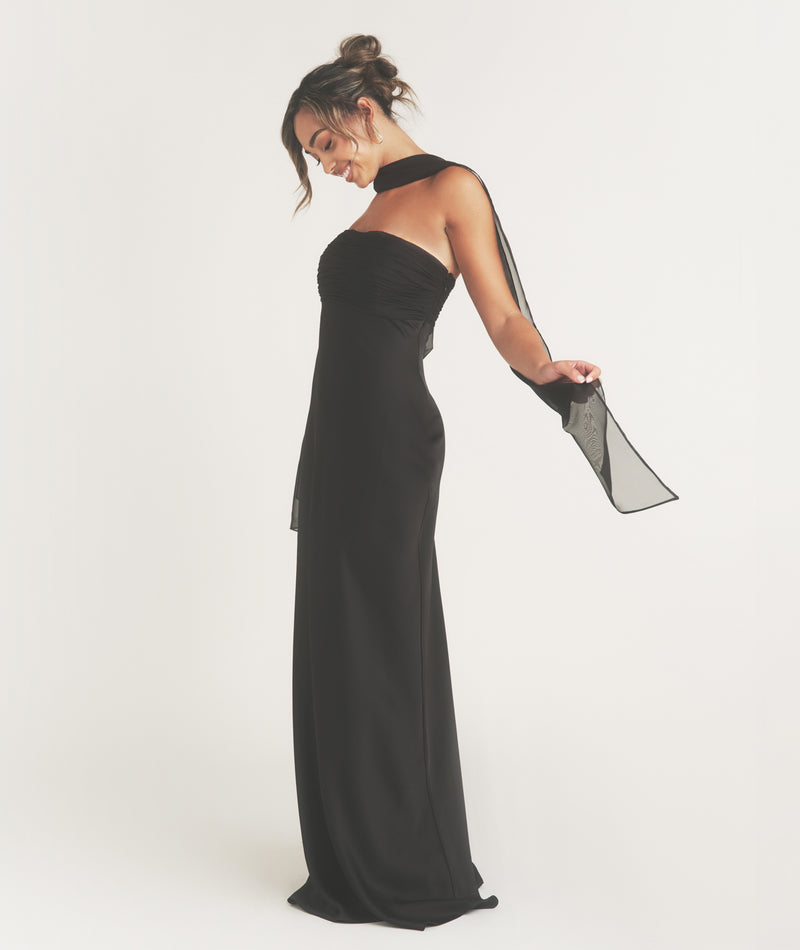 Bandeau Satin Bridesmaid Dress with Neck Tie - Black