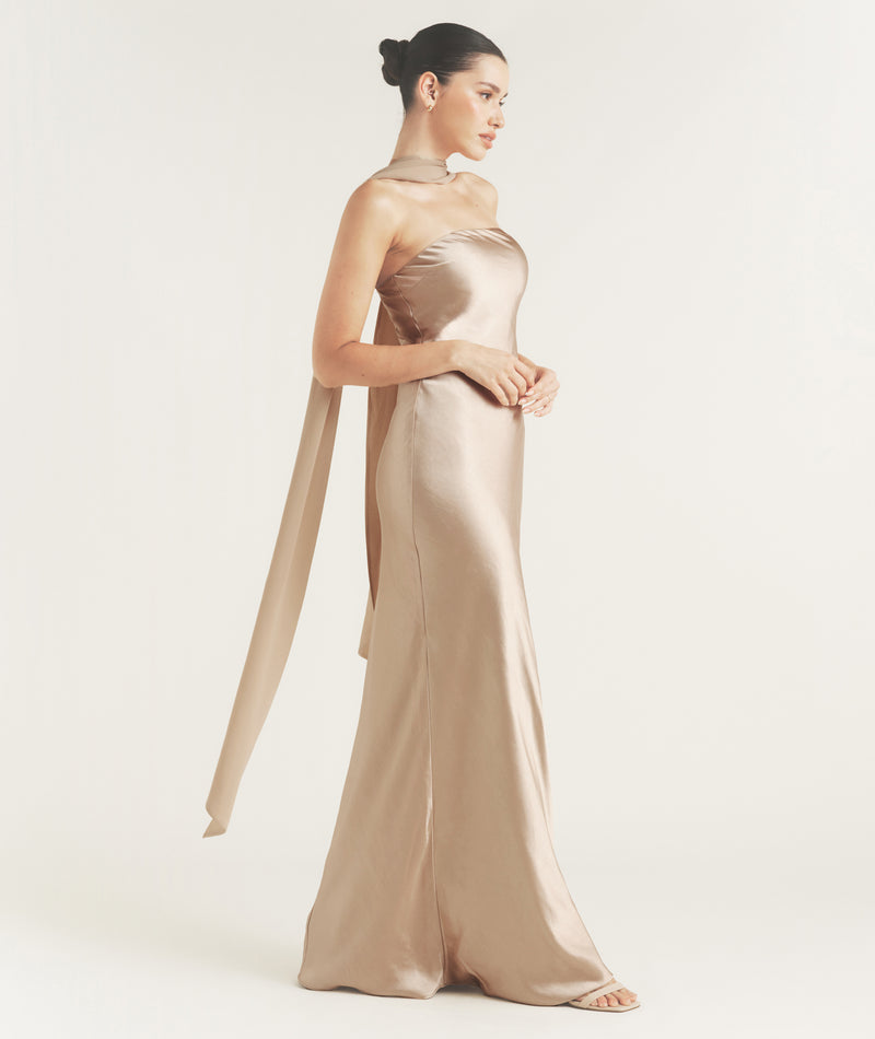 Bandeau Satin Bridesmaid Dress with Chiffon Neck Scarf Champagne
