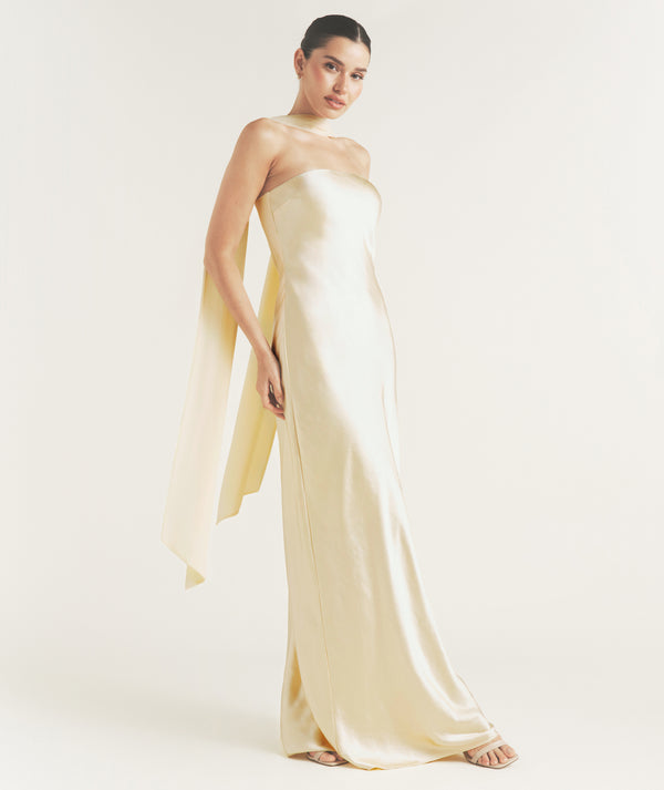 Bandeau Satin Bridesmaid Dress with Chiffon Neck Scarf - Butter Lemon
