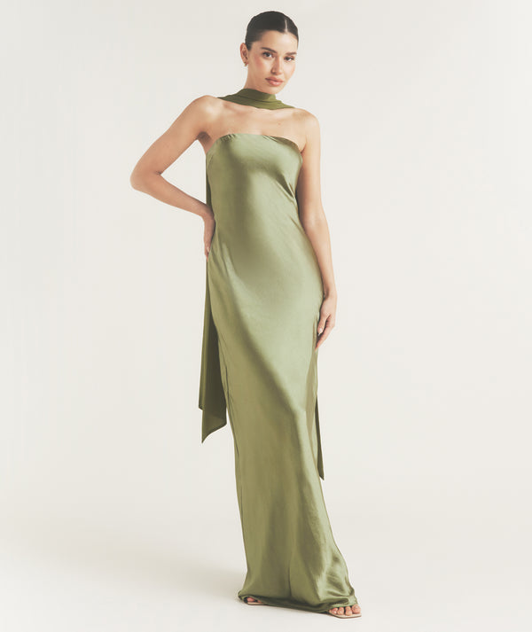 Bandeau Satin Bridesmaid Dress with Chiffon Neck Scarf - Moss Green