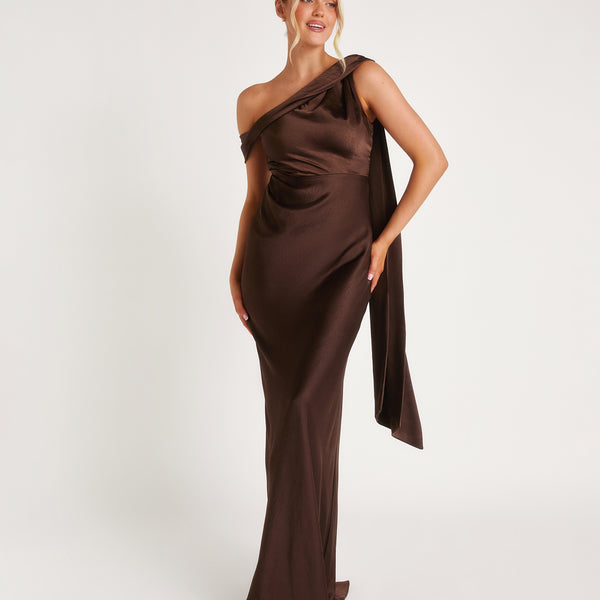 One Shoulder Drape Satin Bridesmaid Dress - Chocolate Six Stories One Shoulder Drape Satin Bridesmaid Dress - Chocolate Six Stories