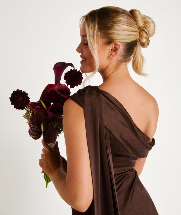 Racer Neck Satin Bridesmaid Dress - Chocolate Six Stories Racer Neck Satin Bridesmaid Dress - Chocolate Six Stories