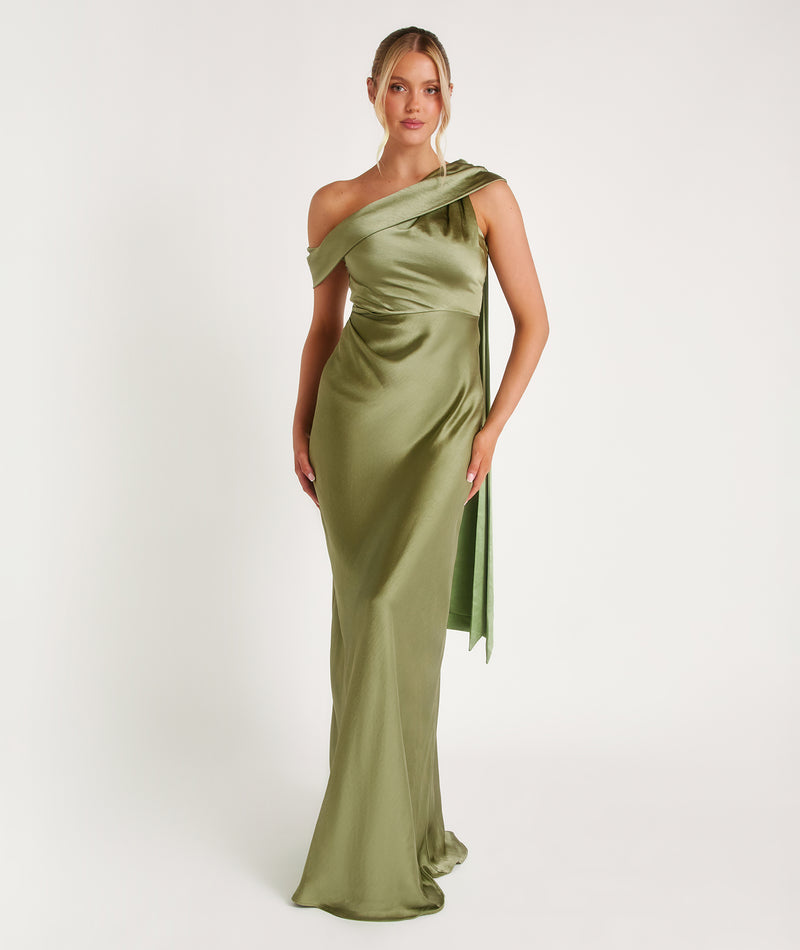 One Shoulder Drape Satin Bridesmaid Dress - Moss Green