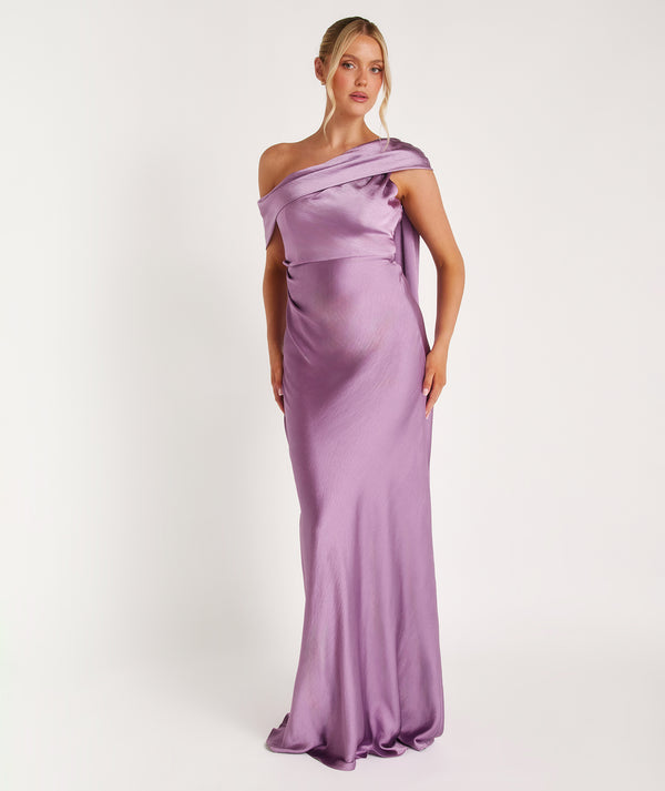 One Shoulder Drape Satin Bridesmaid Dress - Orchid