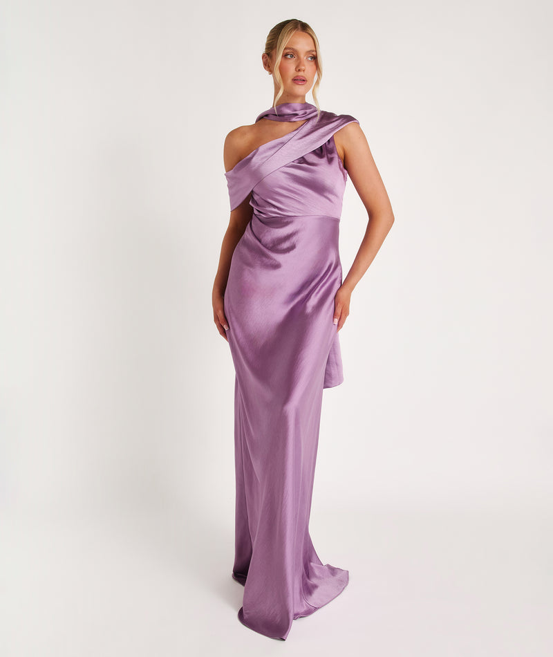 One Shoulder Drape Satin Bridesmaid Dress - Orchid