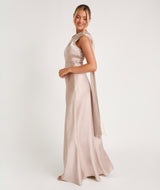 One Shoulder Drape Satin Bridesmaid Dress - Oyster