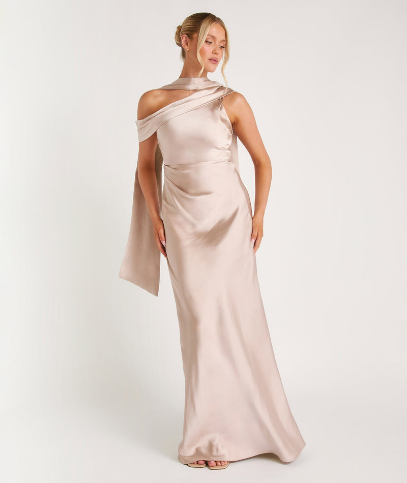 One Shoulder Drape Satin Bridesmaid Dress - Oyster