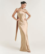 Bandeau Satin Bridesmaid Dress with Chiffon Neck Scarf - Champagne