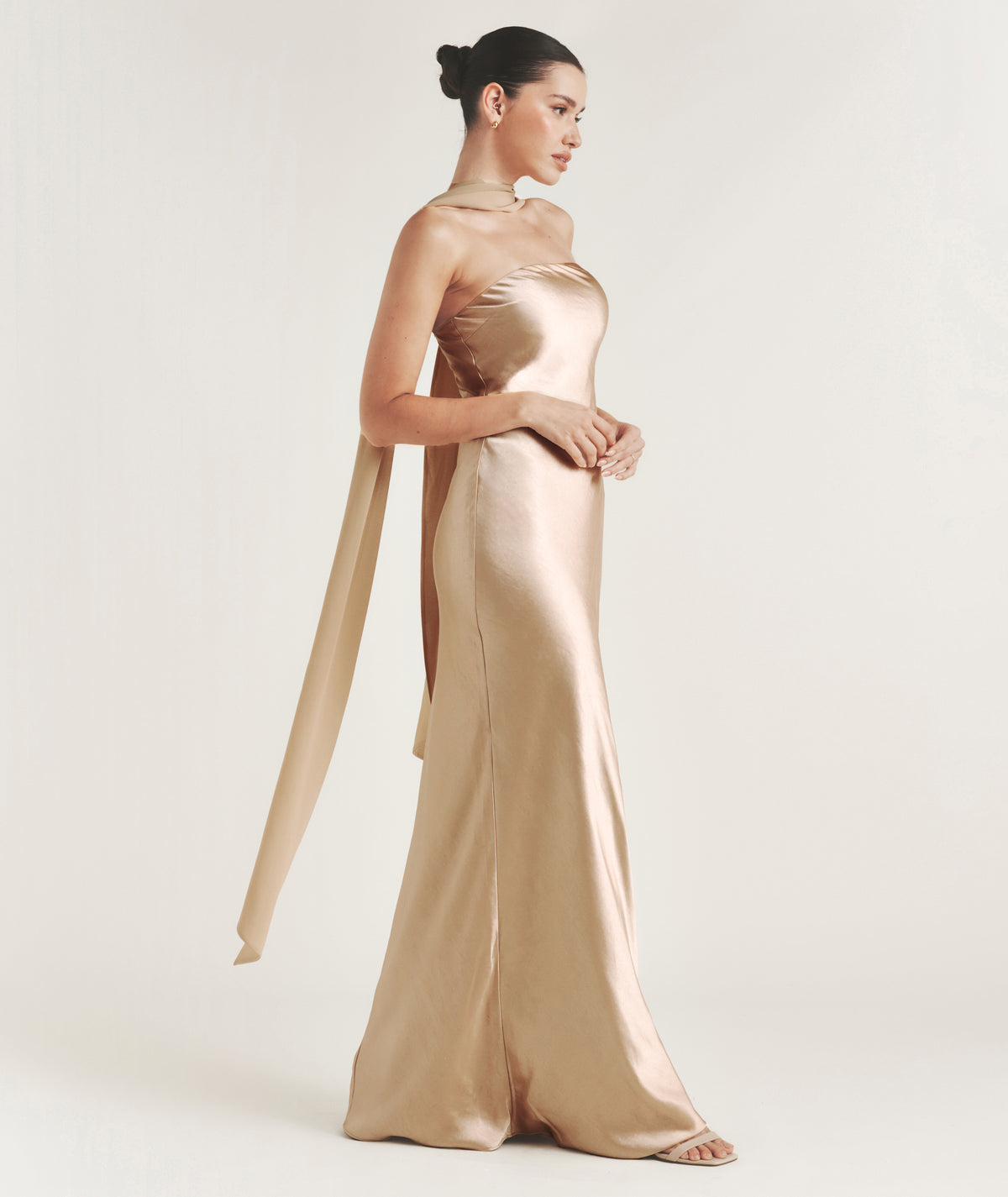 Bandeau Satin Bridesmaid Dress with Chiffon Neck Scarf - Champagne